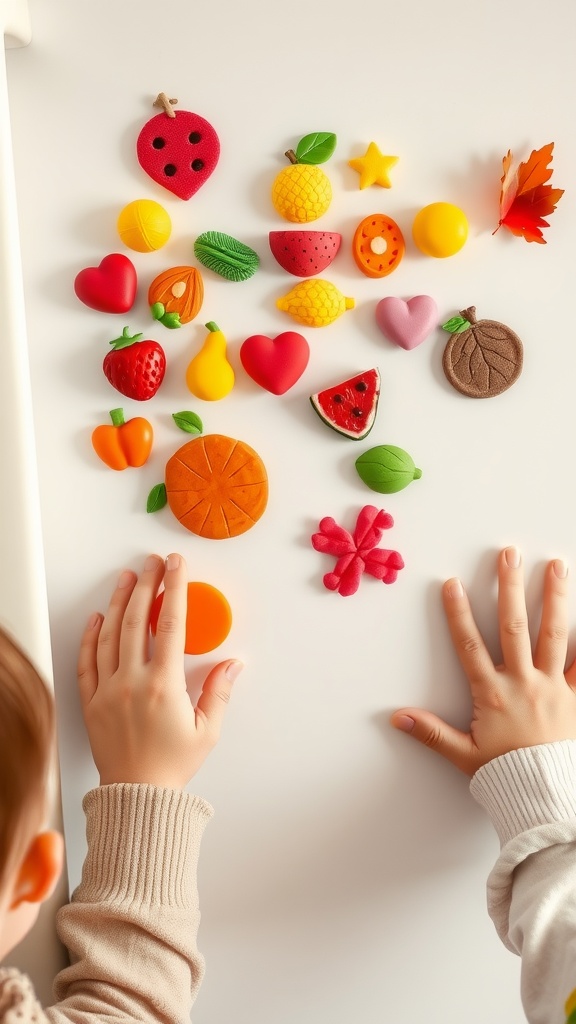 Colorful clay magnets shaped like fruits and hearts on a refrigerator, with a child's hands reaching for them.