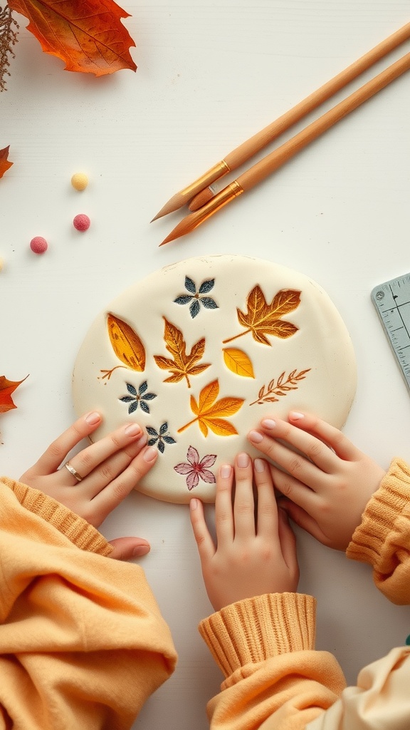 Two hands pressing leaves into clay to create nature imprints, surrounded by art supplies.