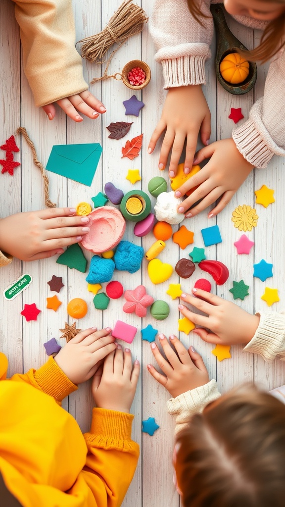 Children's hands reaching for colorful clay pieces in a creative space