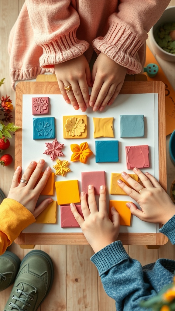 Children's hands working with colorful clay tiles on a table.