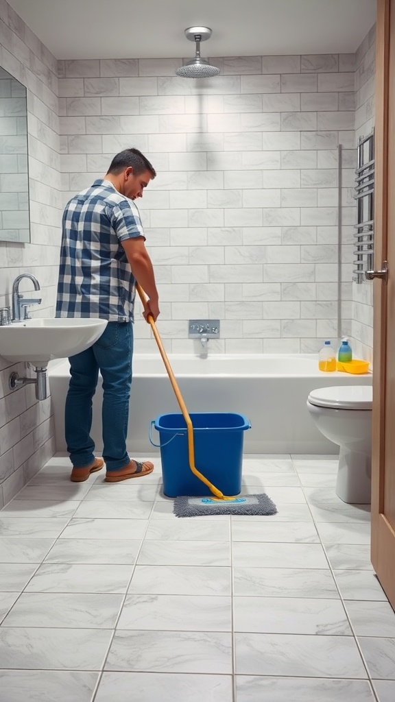 A person cleaning a bathroom floor with a mop and bucket.