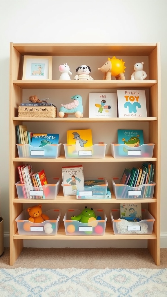 A nursery bookshelf with clear bins organized with books and toys