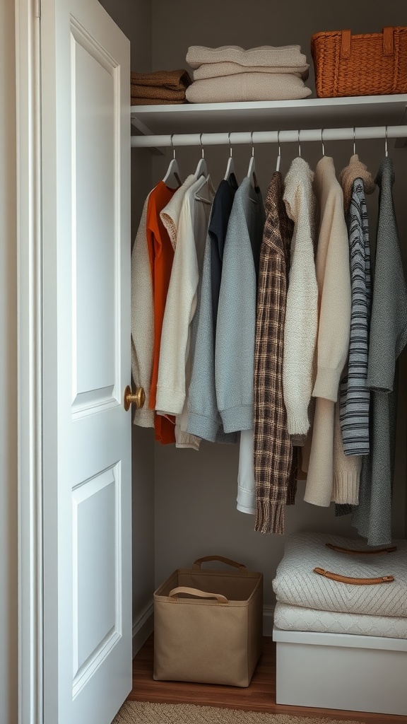 A tidy closet with neatly hung clothing and a storage basket on the floor