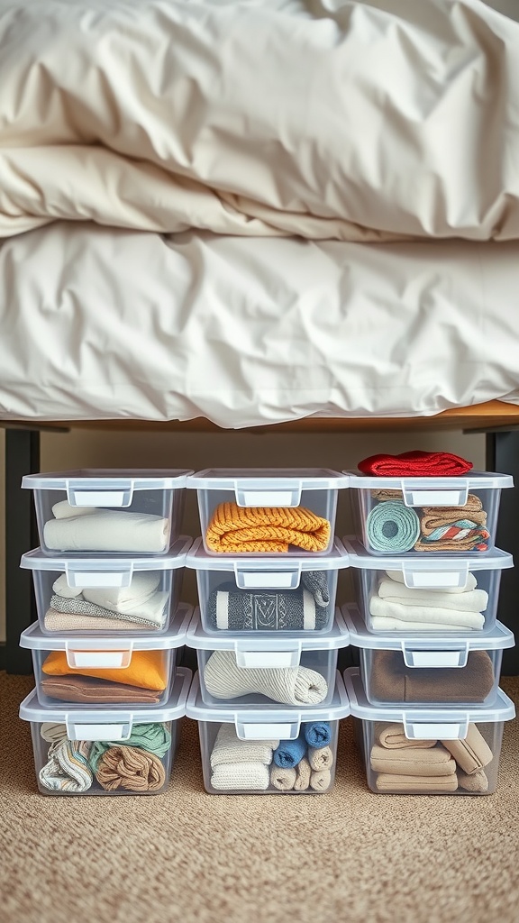Clear plastic containers filled with neatly folded blankets and towels, stored under a bed.