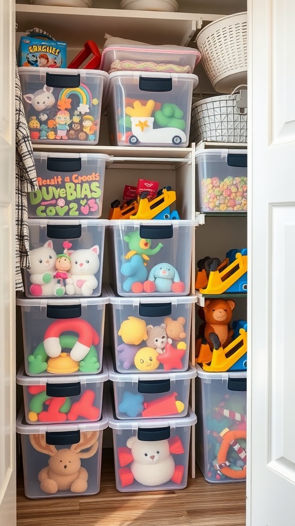 Closet filled with clear storage bins organized with colorful toys