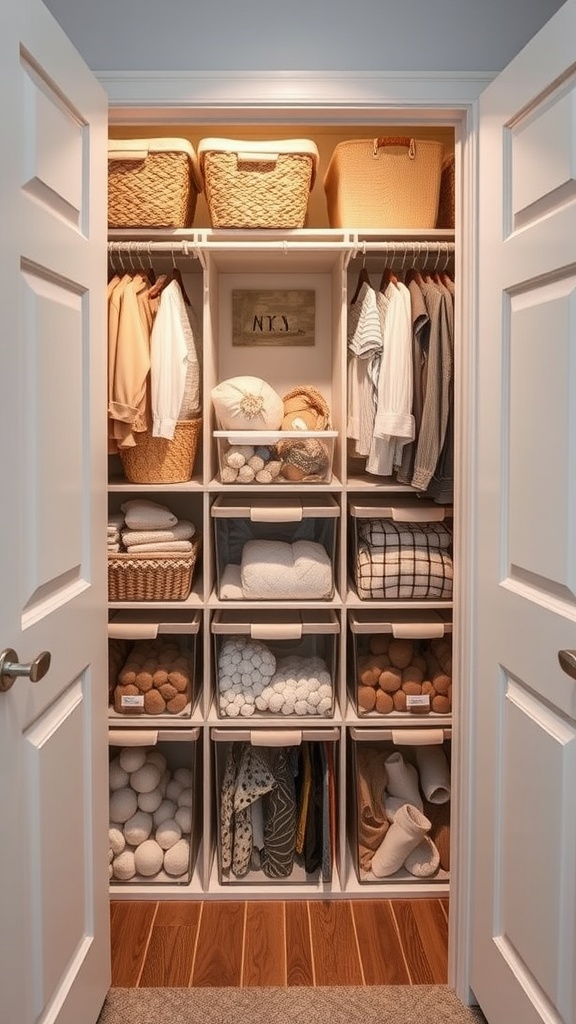 A well-organized closet with clear storage bins and woven baskets.