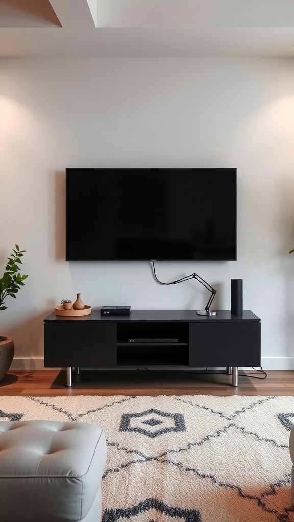 A modern living room with a wall-mounted TV and a stylish media console, featuring organized cable management.