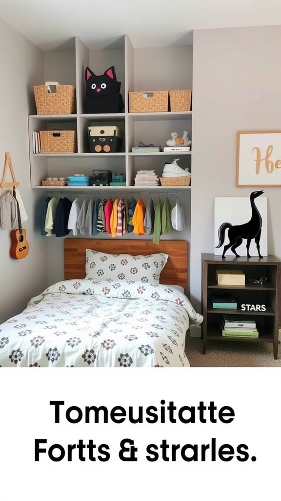 A small bedroom for two sisters featuring clever storage solutions with baskets, a hanging rod for clothes, and a tidy nightstand.