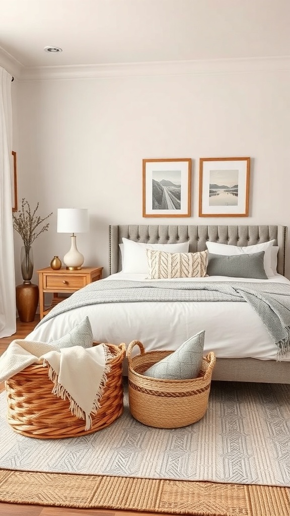 A cozy bedroom with two woven baskets, one holding a blanket and the other decorative pillows, showcasing clever storage solutions.