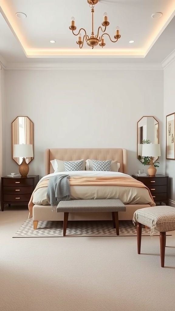 A small masculine bedroom featuring a bed, mirrors, and stylish decor.