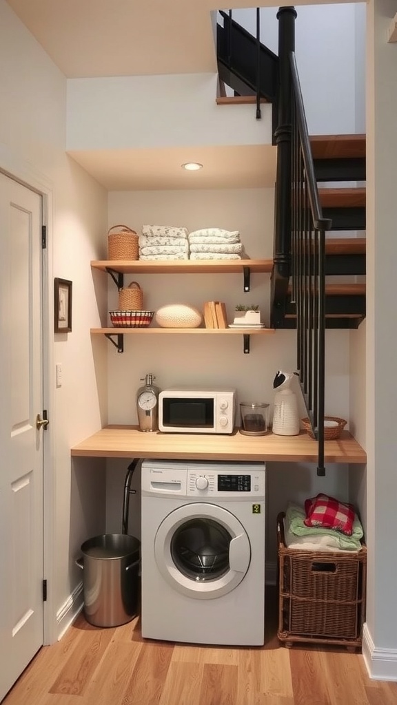 A laundry nook under a staircase featuring a washing machine, wooden countertop, shelves, and decorative baskets.