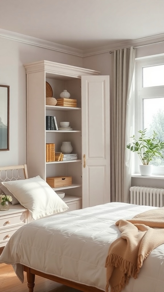 A corner cupboard in a bedroom with open shelves and closed storage, surrounded by soft decor.