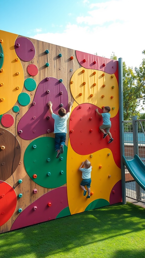 Children climbing a colorful climbing wall in an outdoor play area.