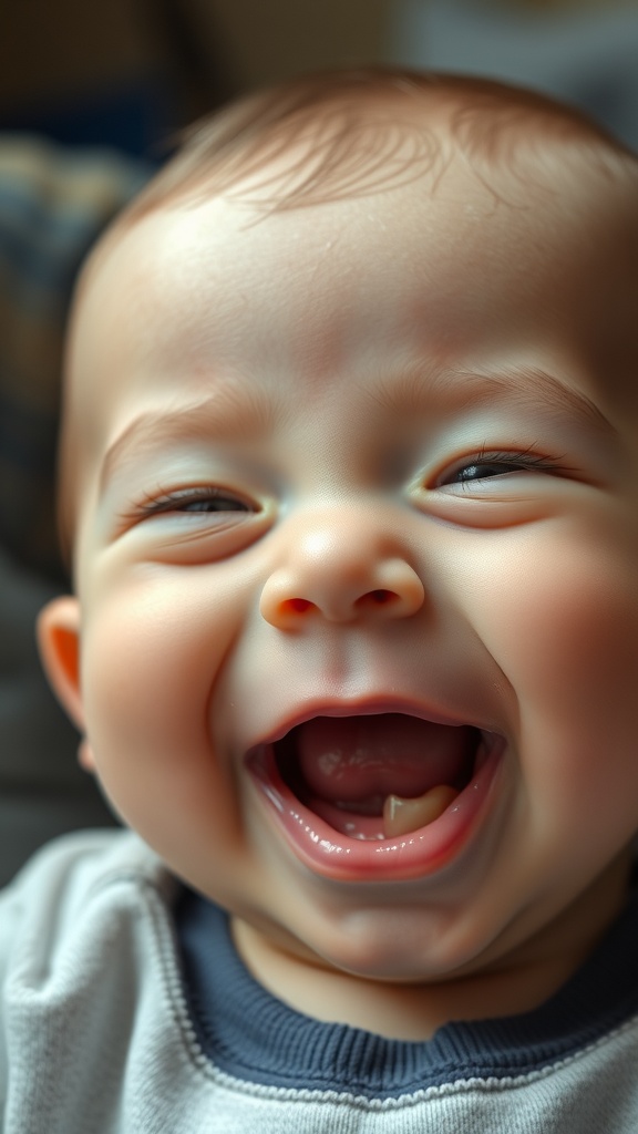 Close-up photo of a happy six-month-old baby laughing