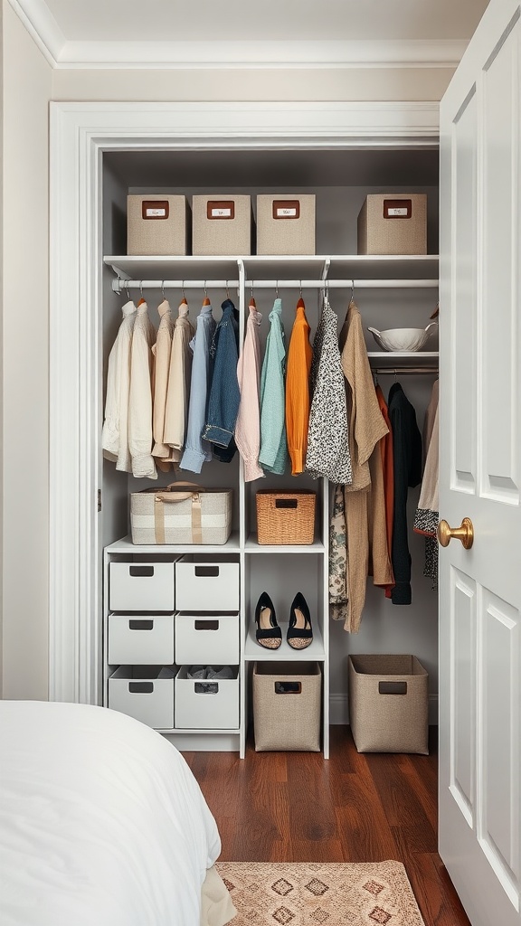 A well-organized closet featuring hanging clothes, labeled storage boxes, and neatly arranged shoes.