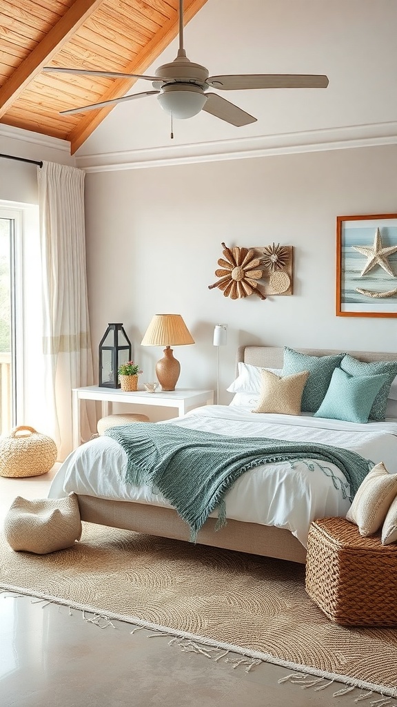 A coastal-inspired bedroom featuring light colors, wooden ceiling, and beach-themed accessories.