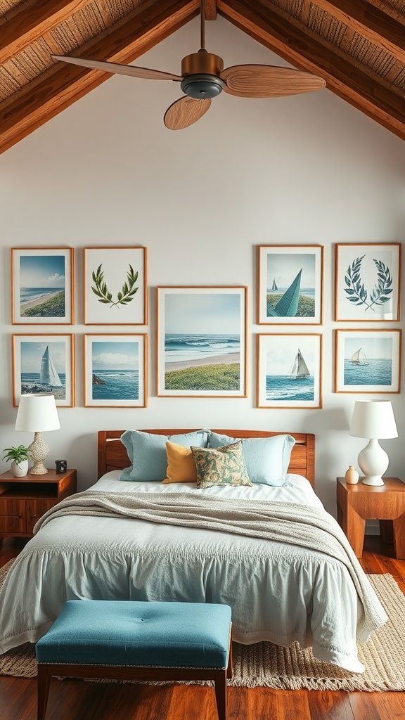 Tropical bedroom featuring coastal-inspired artwork above a bed.