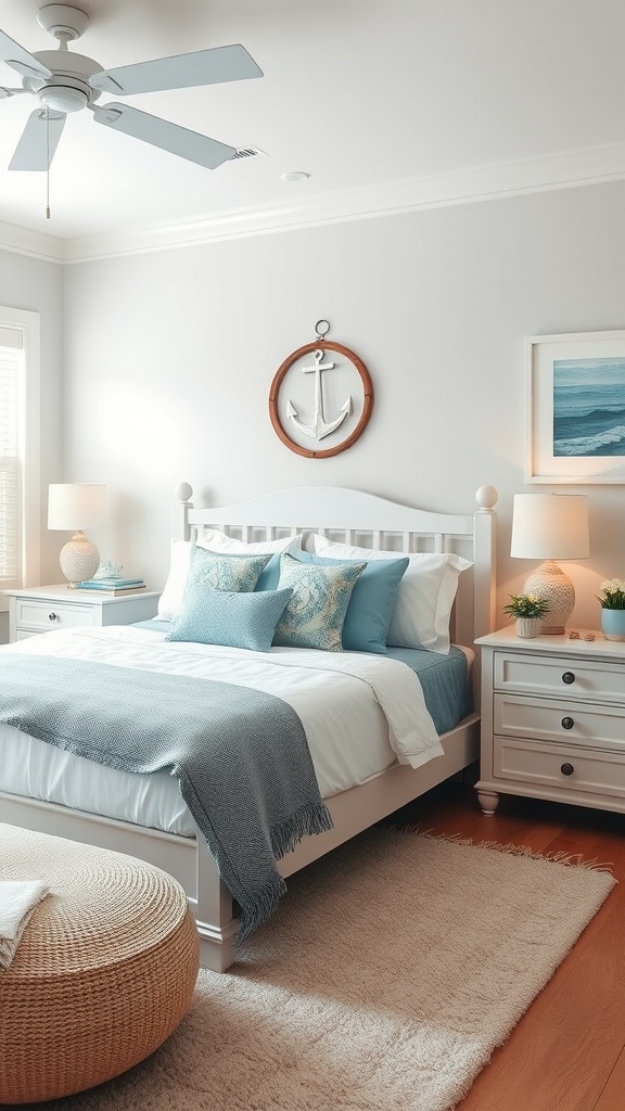 A coastal-inspired bedroom featuring white furniture, blue accents, and nautical decor.