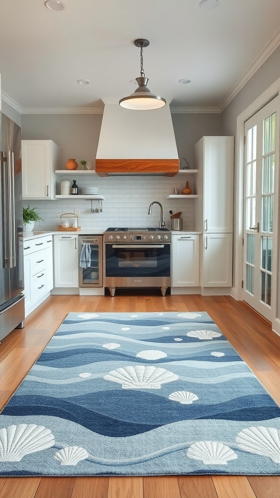 A kitchen with a coastal-inspired rug featuring wave patterns and seashells.