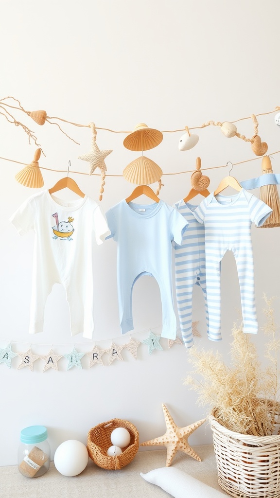 A clothesline display featuring baby clothes in coastal colors, decorated with seashells and starfish.