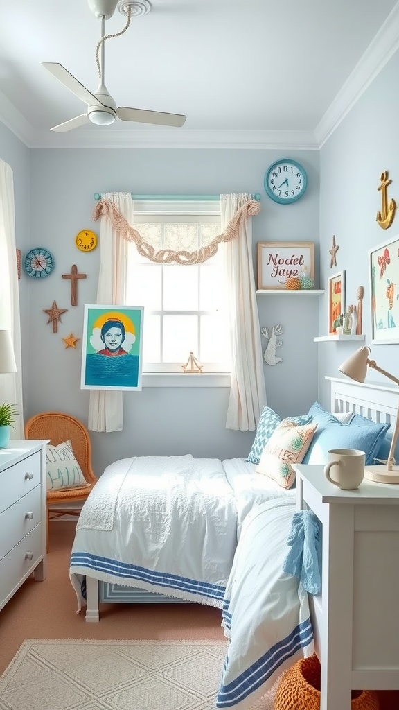 A cozy teen bedroom styled in coastal beach house theme with light blue walls, white bedding with blue stripes, and beach-themed decor.
