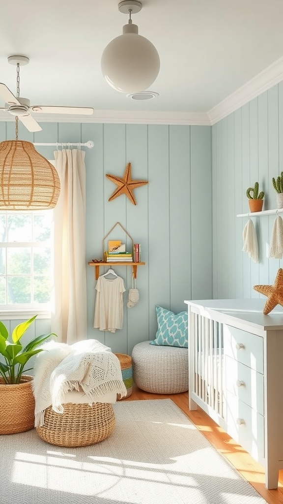 A coastal-themed baby boy room with blue walls, a crib, woven baskets, and beach decorations.