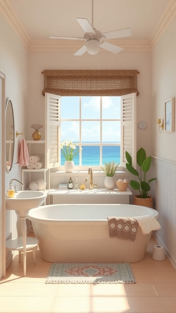 A bright coastal-themed bathroom with a freestanding bathtub, ocean view, and natural decor.