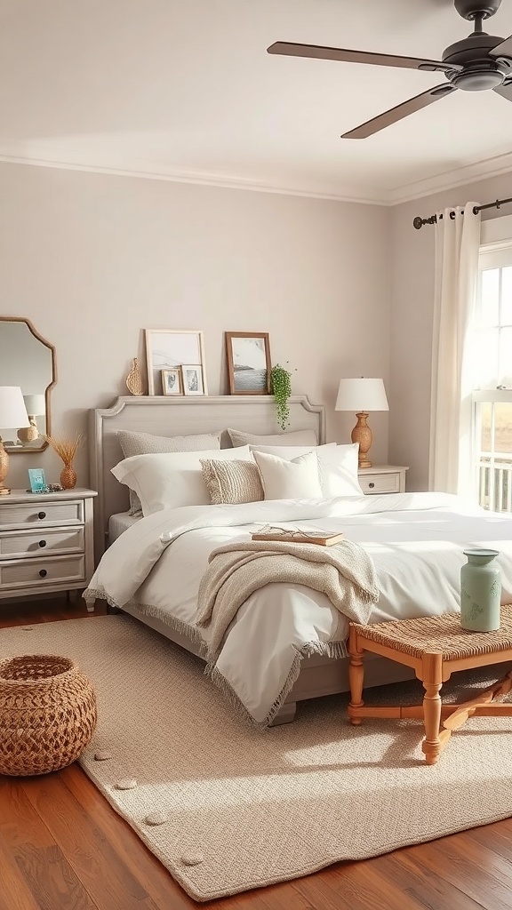 A cozy beige bedroom with a bed, natural textures, and coastal decor.