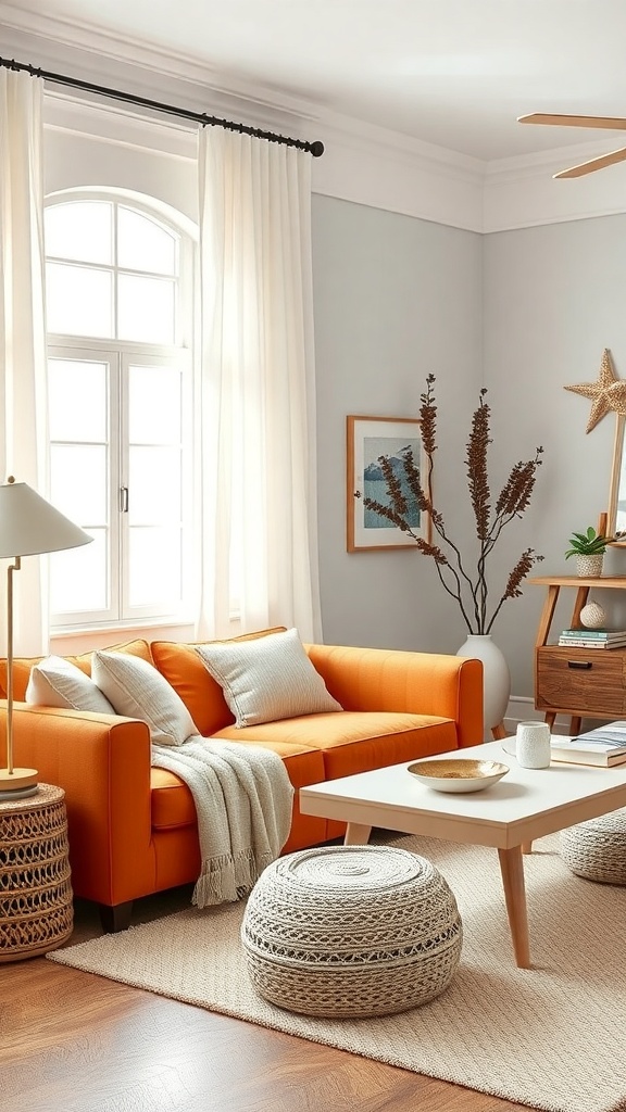 A bright living room featuring an orange sofa, light curtains, and coastal decor.