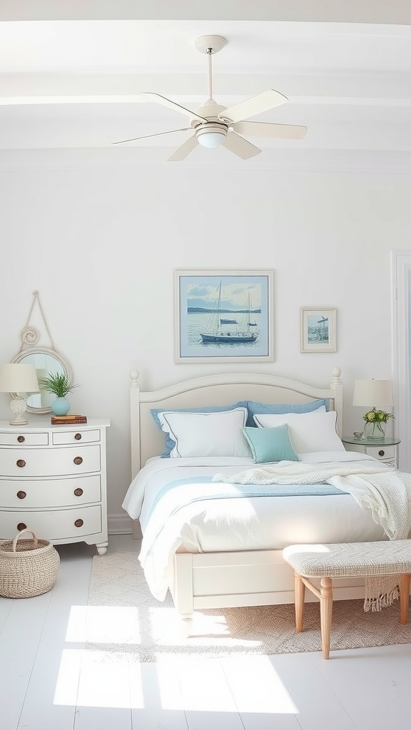 A bright and airy bedroom with coastal decor, featuring a white bed with blue accents, a ceiling fan, and natural elements.