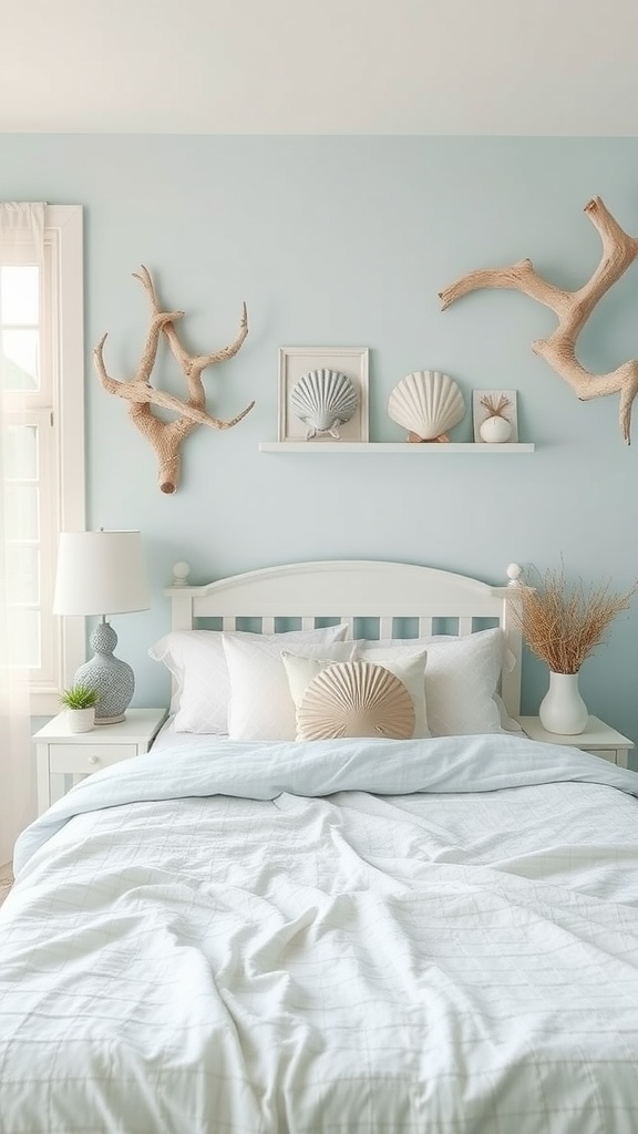 A serene coastal themed bedroom with light blue walls, a white bed, and natural decor elements.
