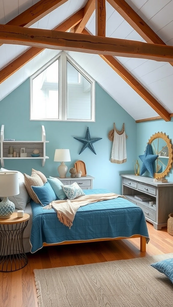 A cozy loft bedroom with ocean blue walls, wooden beams, and beach-themed decor.