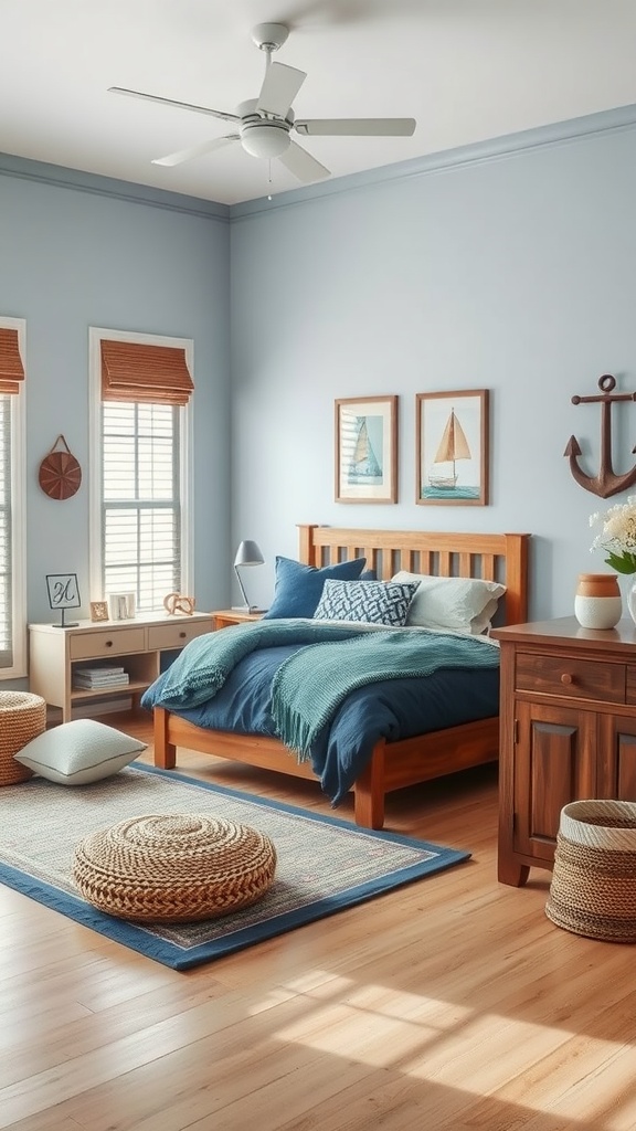 A cozy coastal-themed bedroom featuring light blue walls, wooden furniture, and sea-inspired decor.