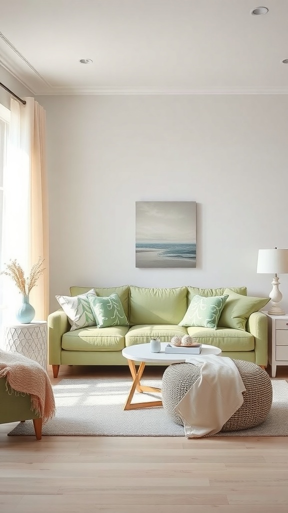 A cozy living room featuring a soft green sofa, decorative pillows, a round coffee table, and natural light from large windows.