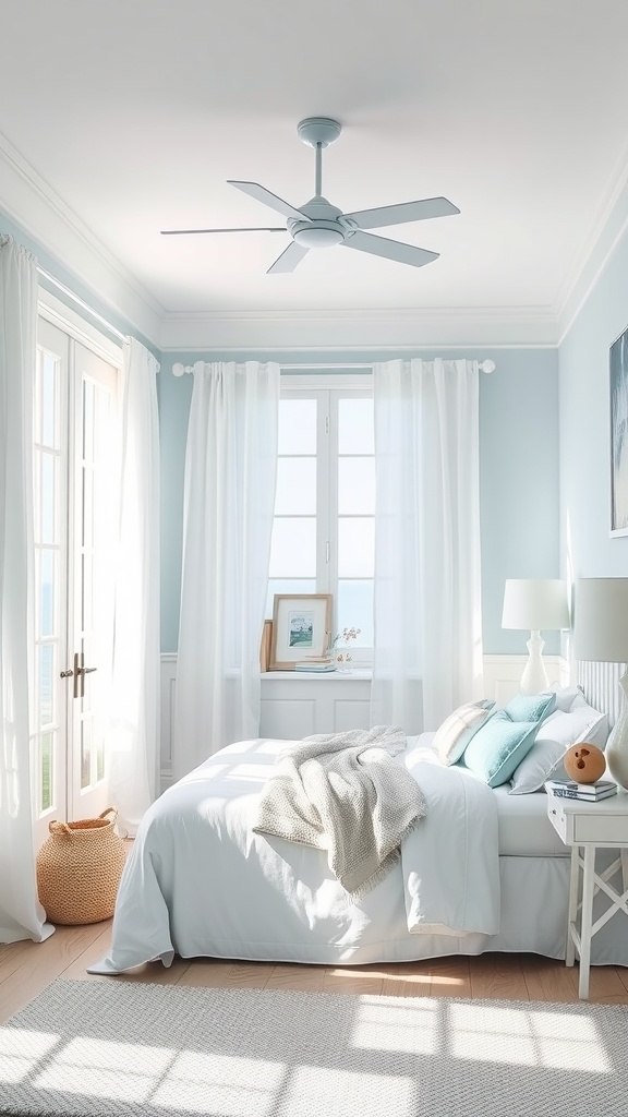 A bright and airy beach-themed bedroom with light blue walls, a cozy bed, and natural textures.