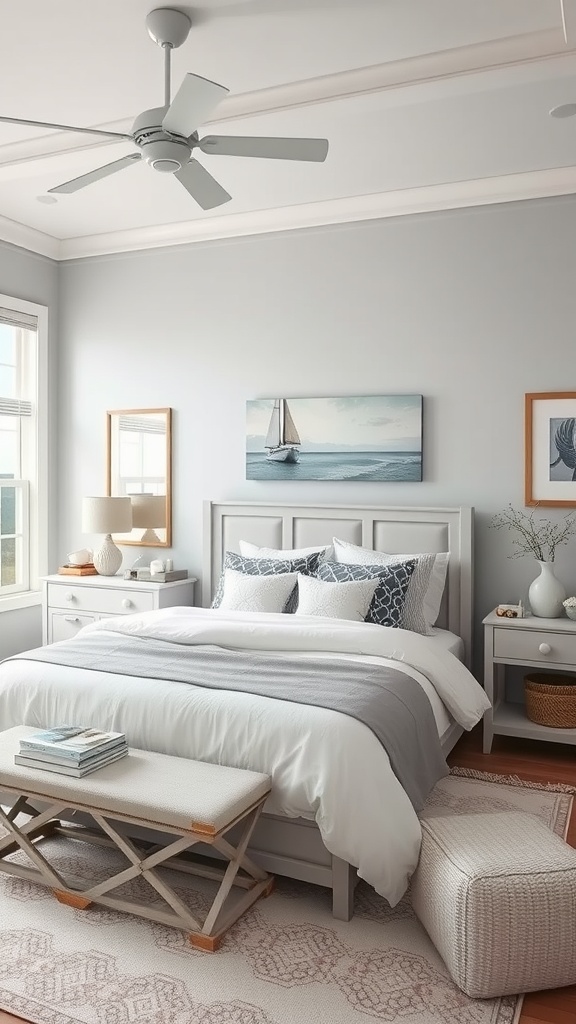 A coastal gray bedroom featuring a bed with white linens and gray throw, nautical artwork, and natural decor elements.