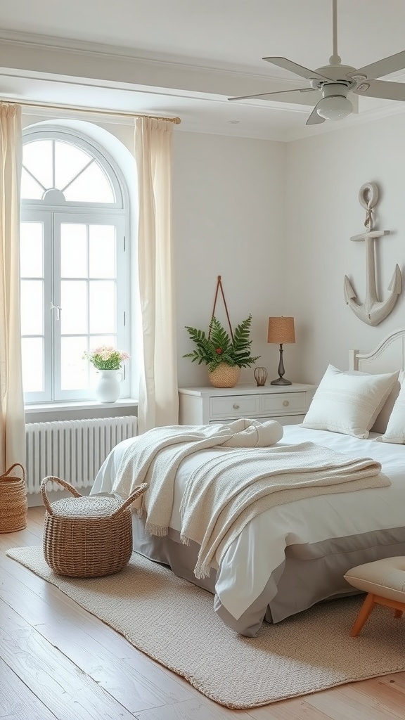A cozy bedroom featuring coastal greige decor with plants, a bed layered in soft textiles, and natural light.