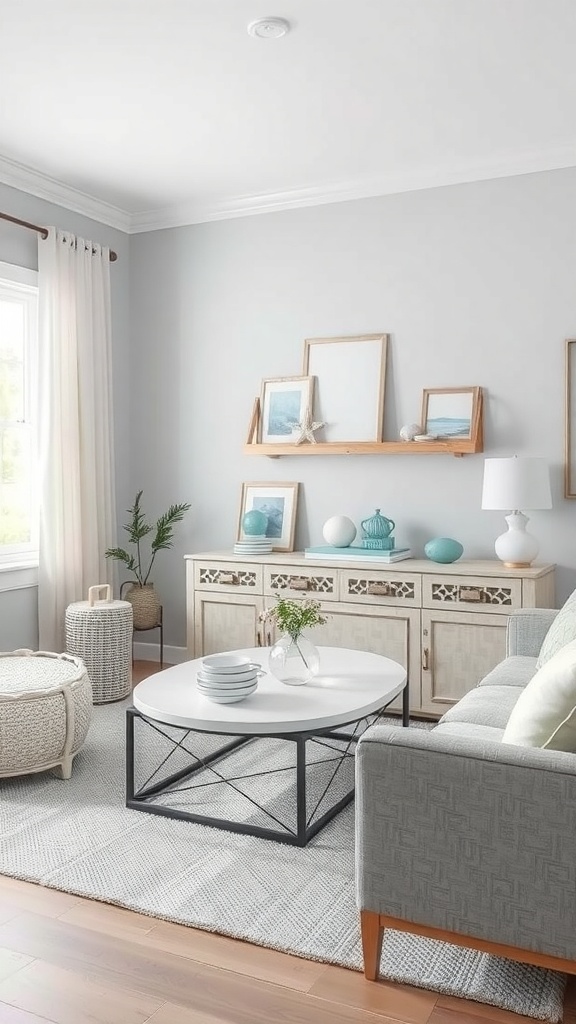 A cozy living room with grey walls, a grey sofa, and nautical decor elements.