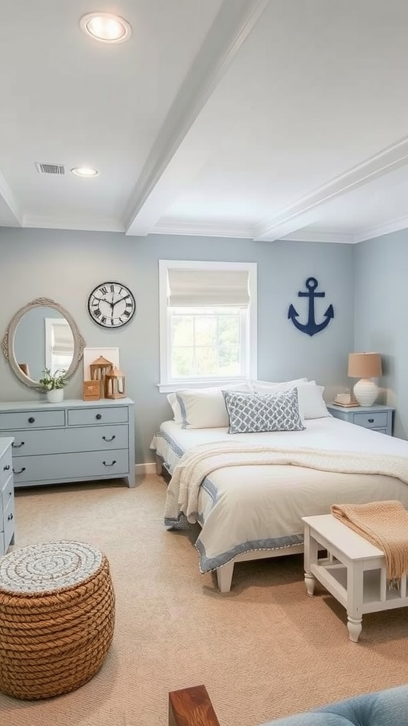 A cozy basement bedroom with coastal decor, featuring blue walls, an anchor, and soft bedding.
