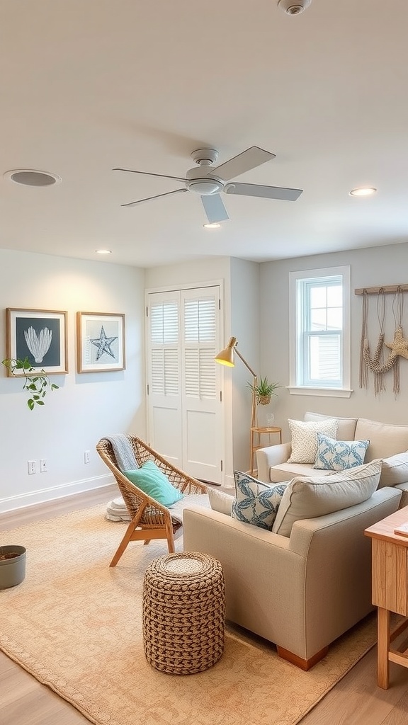 A coastal inspired basement living room featuring light colors, natural textures, and beach-themed decor.