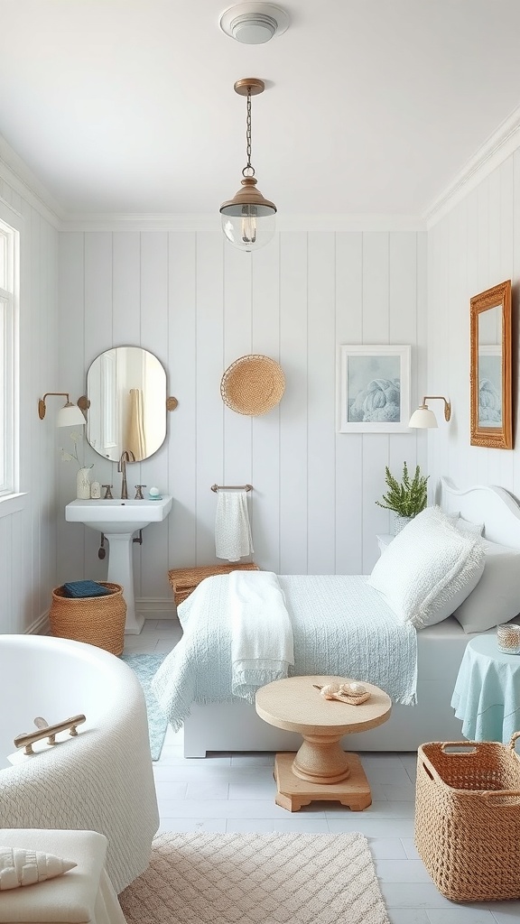 A bright coastal inspired bathroom featuring light colors, natural materials, and decorative elements.