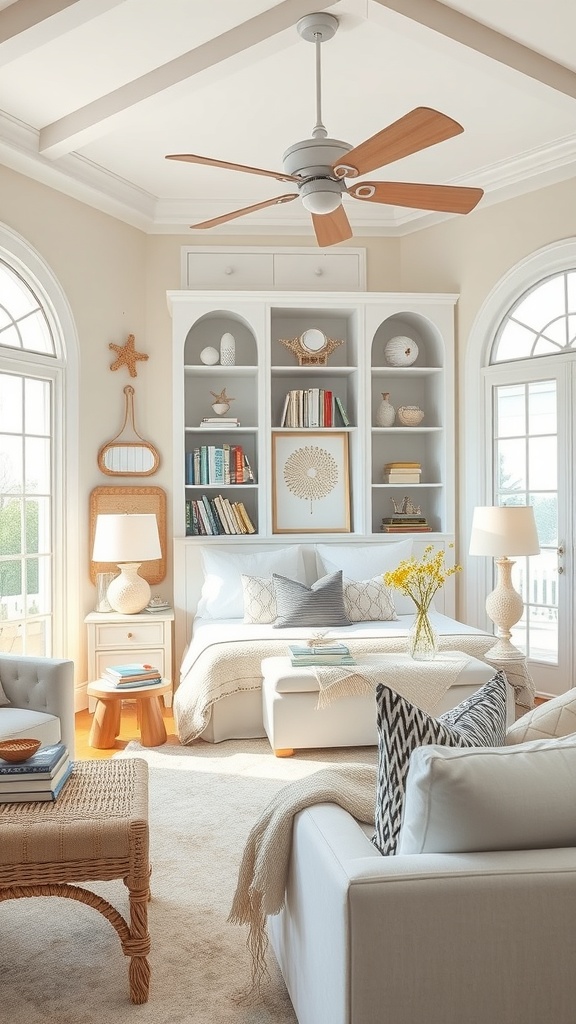 A cozy coastal inspired library with light colors, natural materials, and a comfortable seating area.
