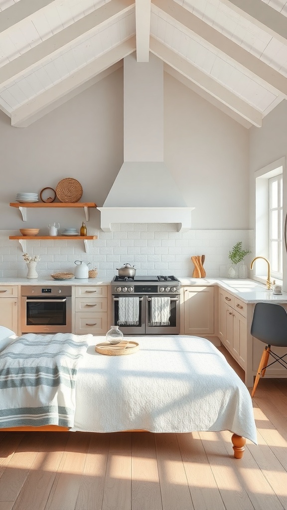 A bright coastal kitchen featuring a high ceiling, chimney hood, and open shelving.