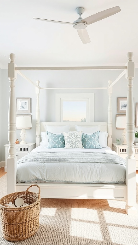 A bright coastal bedroom featuring a four-poster bed with light blue and white decor, a woven basket, and a ceiling fan.