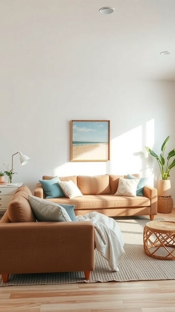 A cozy living room featuring a brown couch, beach-themed decor, and natural light.