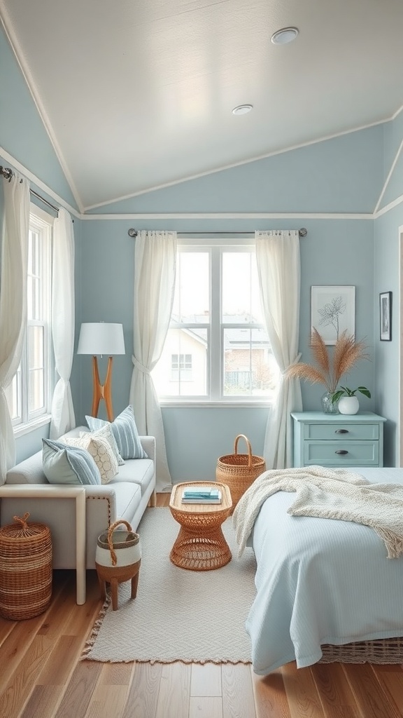 A cozy mobile home living room with light blue walls, white curtains, and natural decor elements.