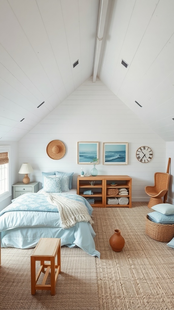 An attic bedroom with white walls, blue bedding, and coastal decor.