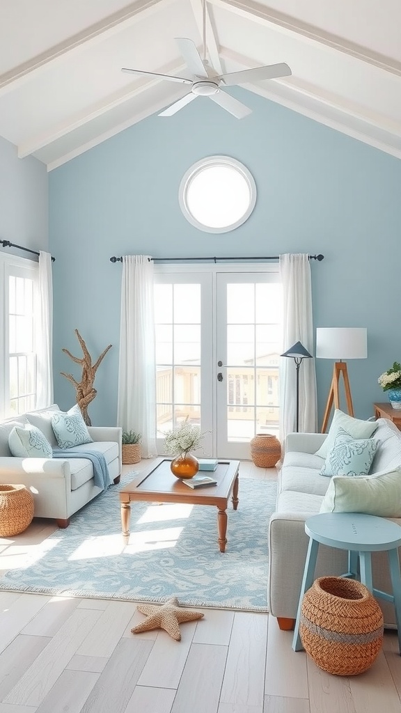 A bright living room with coastal decor, featuring light blue walls, white furniture, and nautical touches.