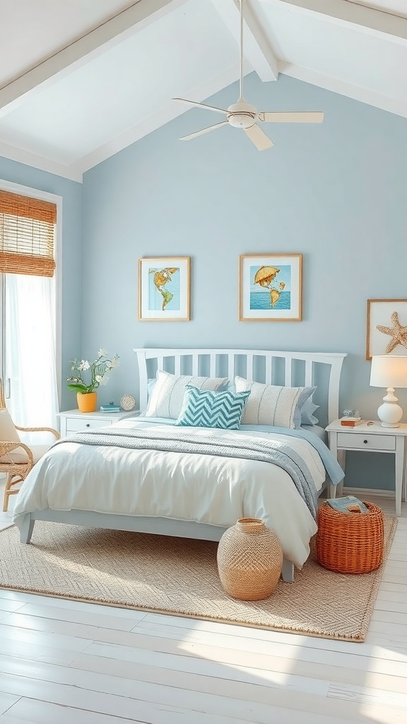 A serene coastal bedroom featuring soft blue walls, a cozy bed with white linens and blue accents, beach-themed artwork, and natural decor elements.