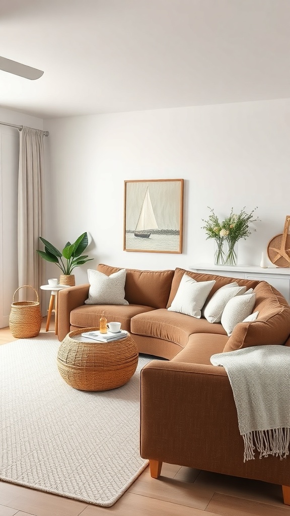 A cozy living room featuring a brown sofa, woven coffee table, and coastal decor.